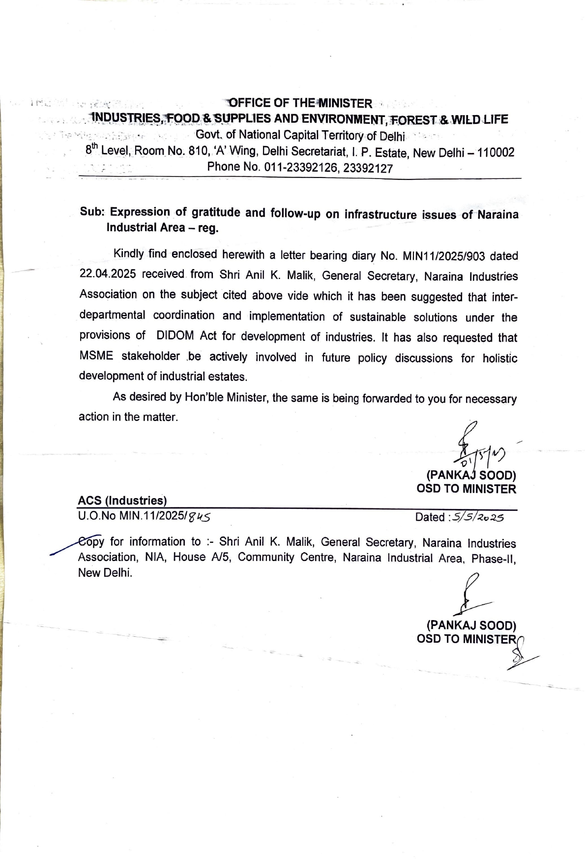 Expression of Gratitude-Industries Minister-ACS (Industries)-05.05.2025