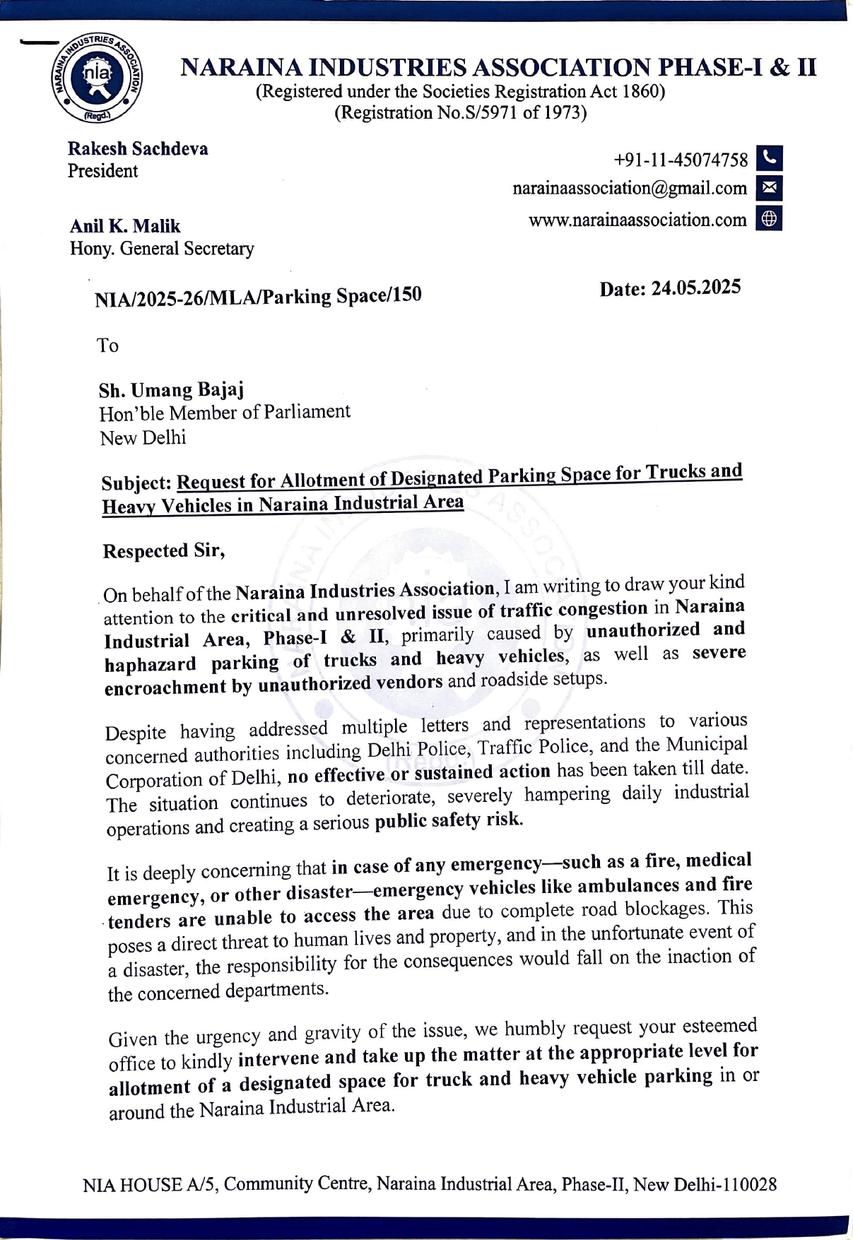 MLA-Request for Allotment of Parking Space-24.05.2025