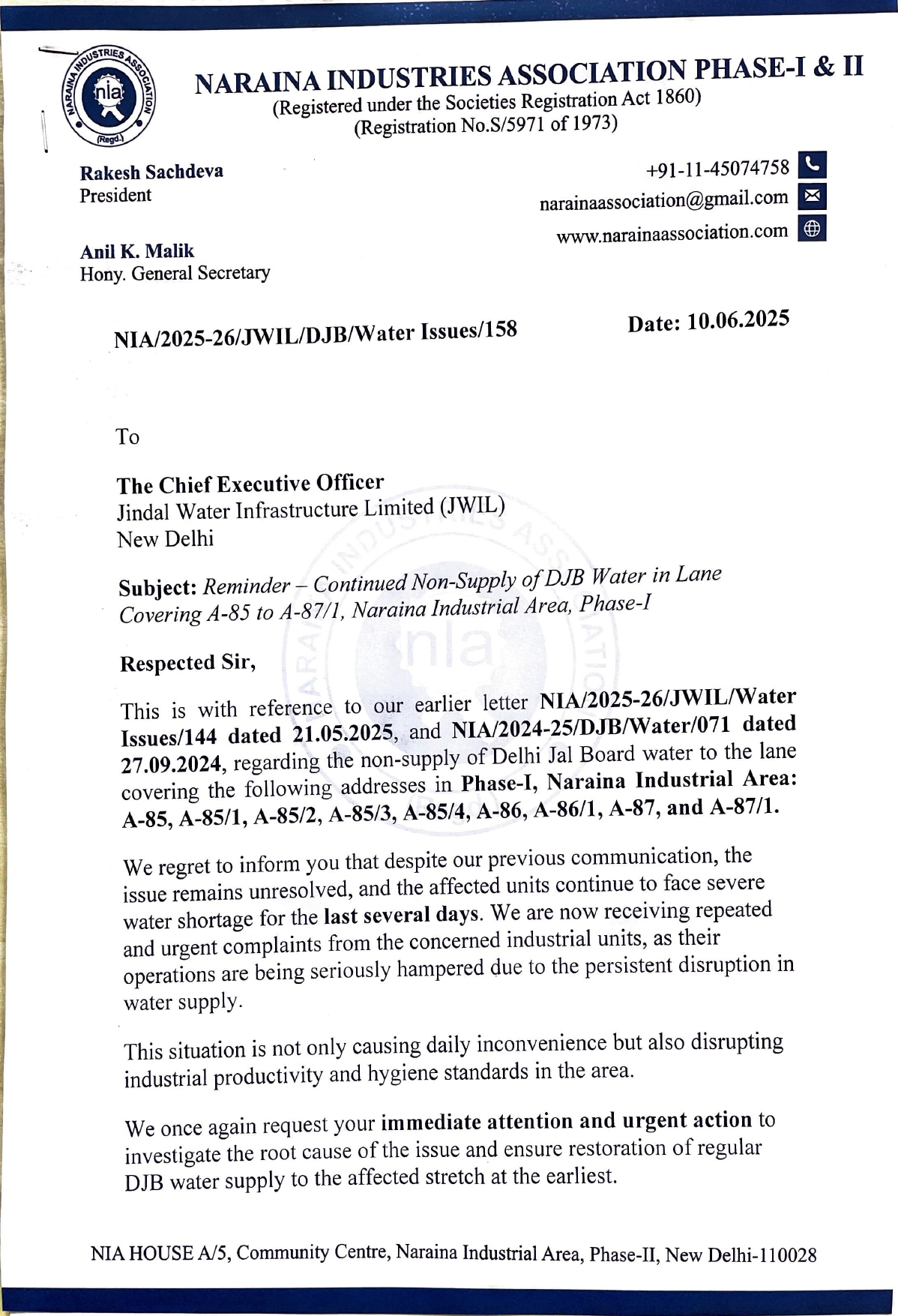 CEO-JWIL-Non supply of water-10.06.2025