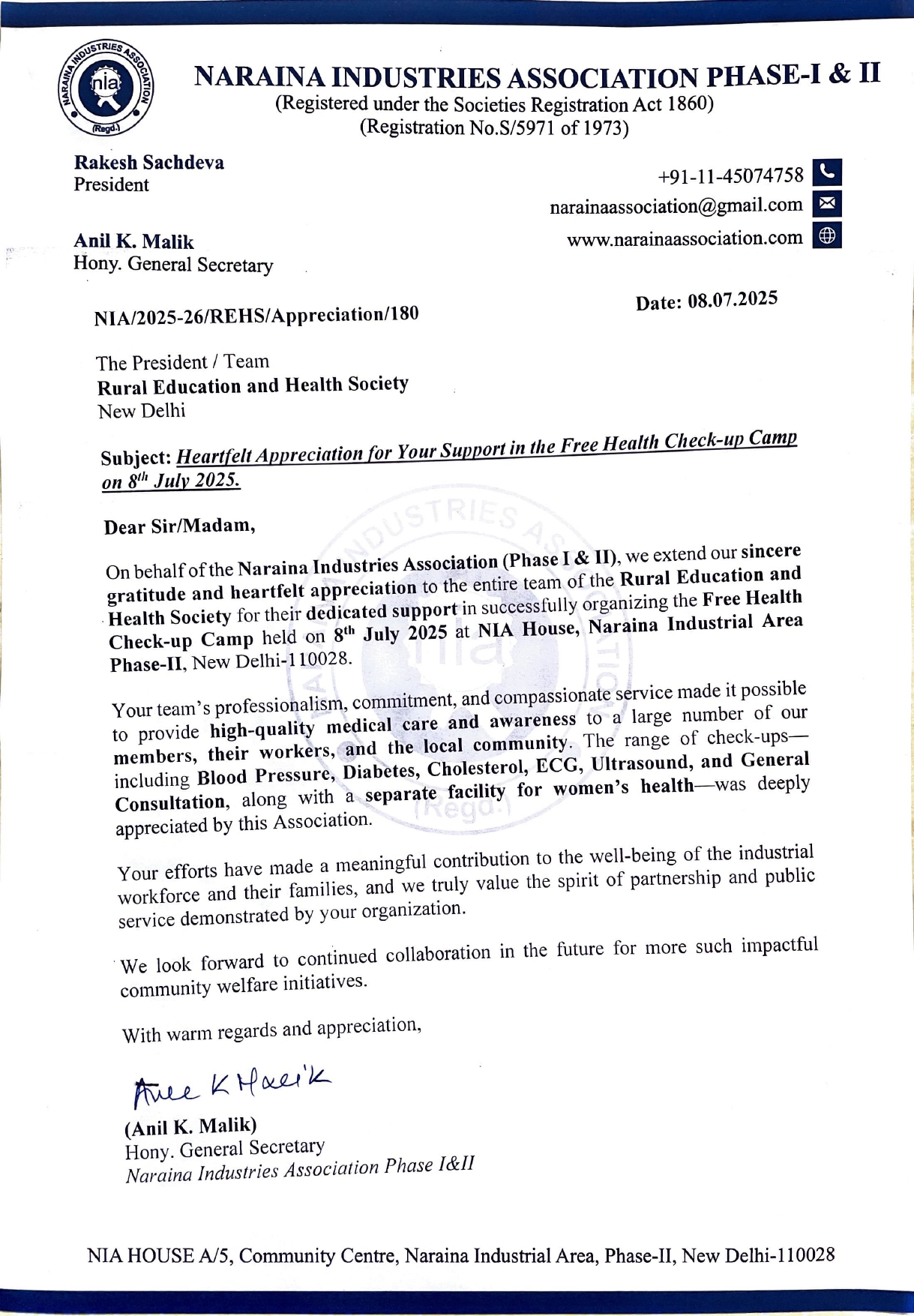 Appreciation to Rural Education & Health Society for Free Health Check-up Camp-08.07.2025