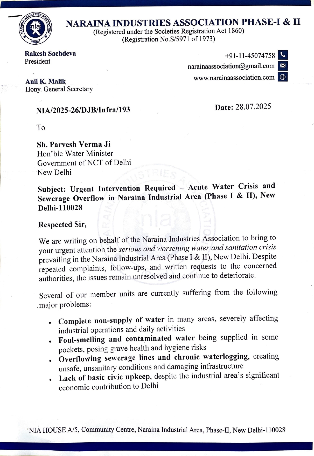 Hon’ble Water Minister & Delhi Jal Board-Intervention Required-Water Crisis & Sewerage Overflow-28.07.2025