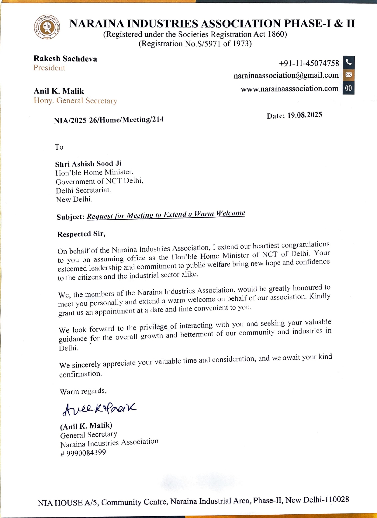 Sh. Ashish Sood Ji, Hon’ble Home Minister-Request for Meeting-19.08.2025