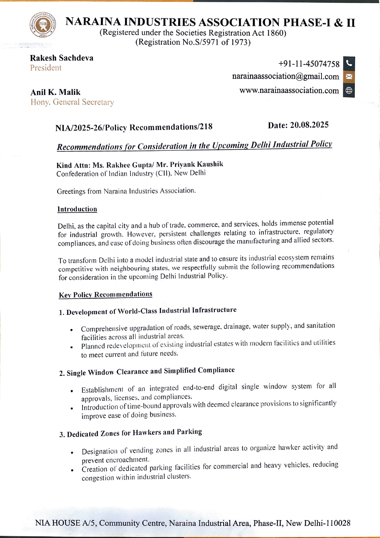 Policy Rrecommendations-Naraina Industries Association-20.08.2025