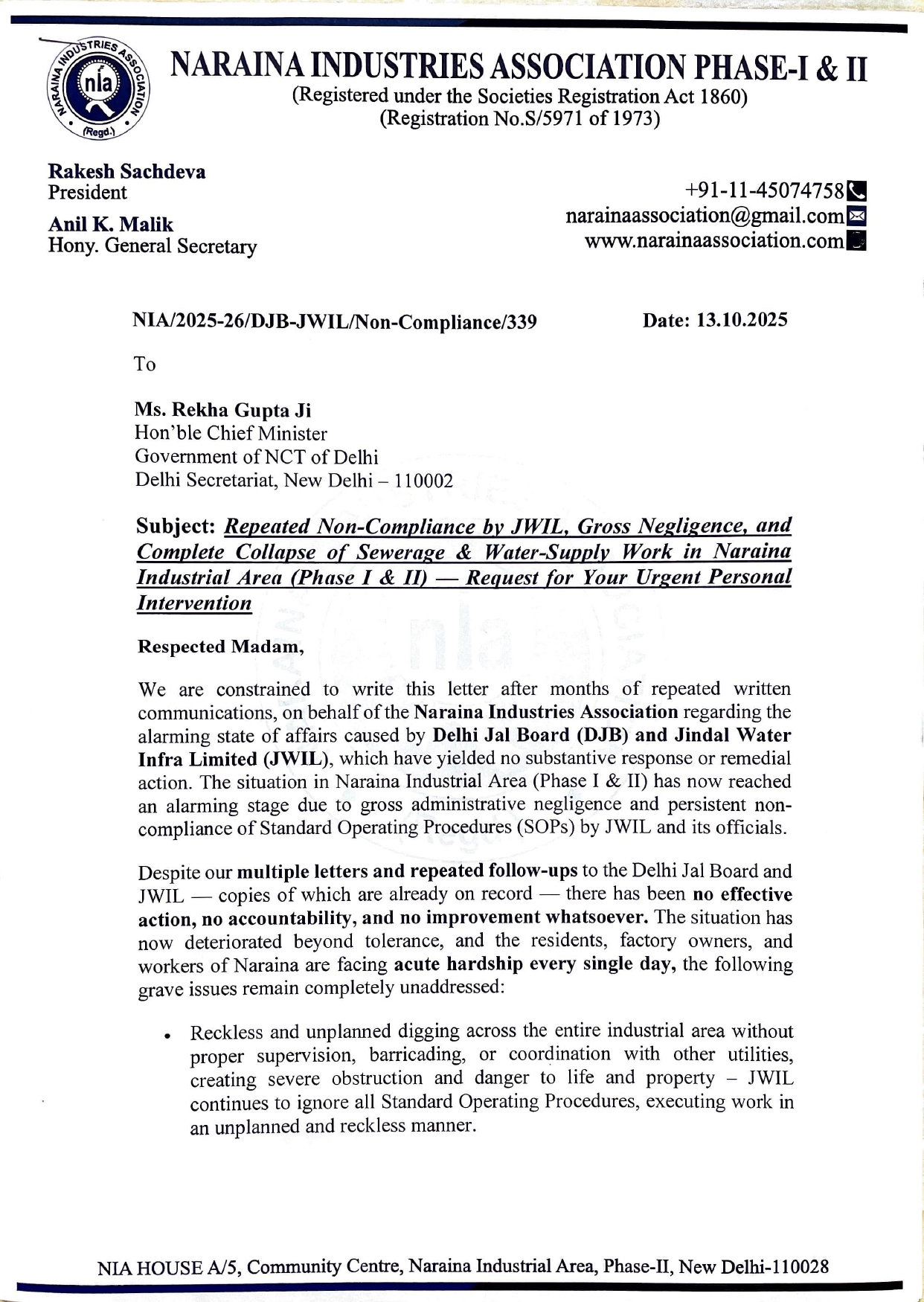 Hon’ble Chief Minister and CEO-DJB/JWIL-Reg. Non-Compliance of Water pipeline and Sewerage-13.10.2025