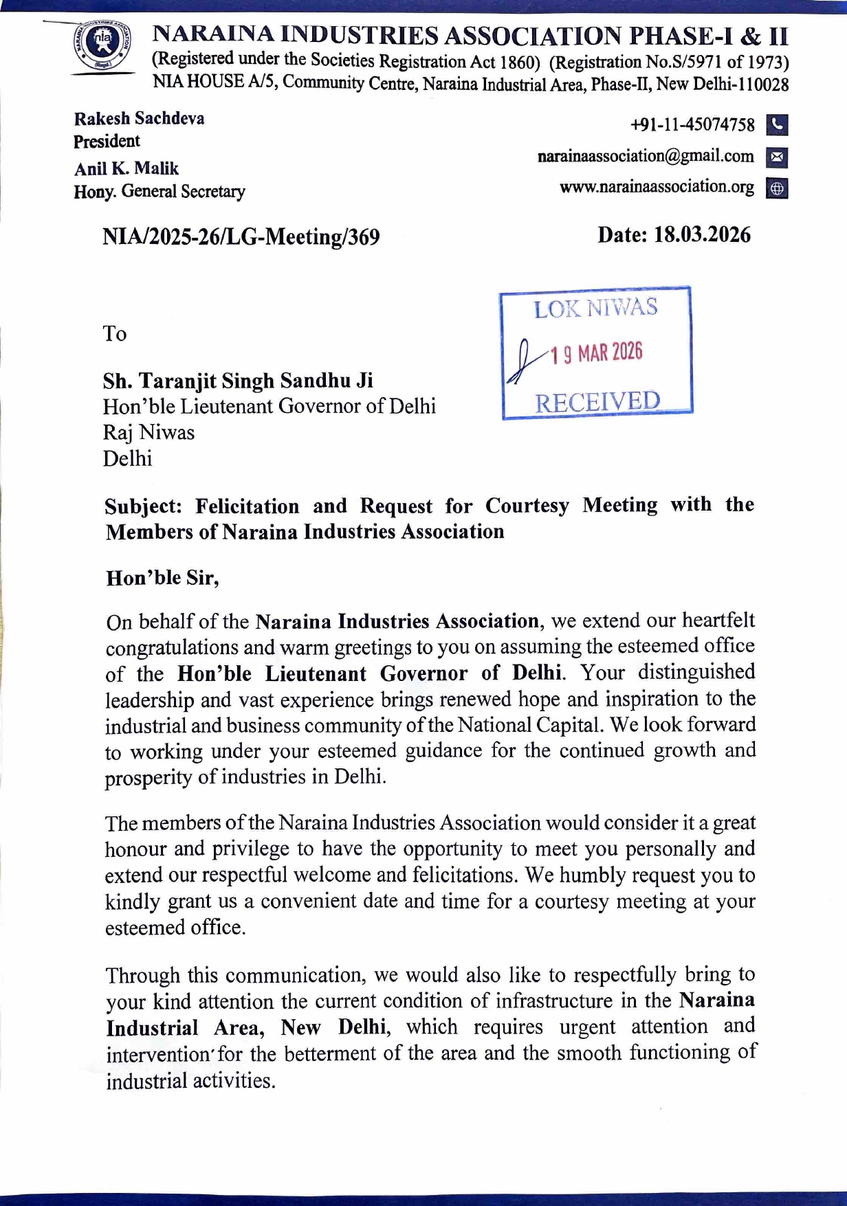 Hon’ble Lieutenant Governor of Delhi-Felicitation & Request for Meeting-18.03.2026