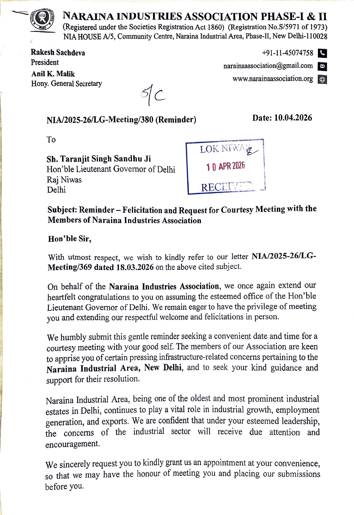 Hon’ble Lieutenant Governor of Delhi-Reminder-Felicitation & Request for Courtesy Meeting with the Members of NIA-10.04.2026