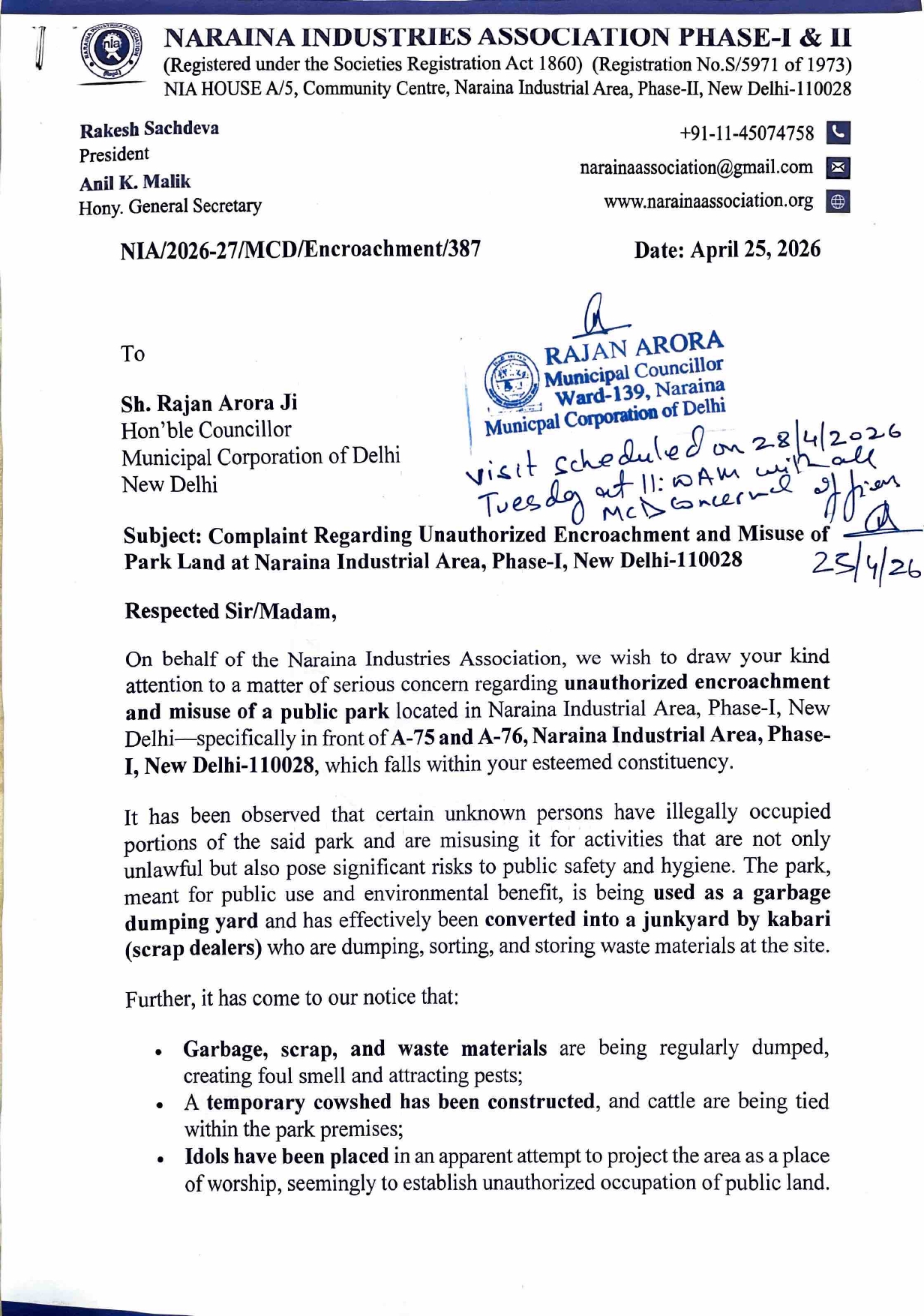 Councillor-MCD-Unauthorized Encroachment & Misuse of Park Land-25.04.2026