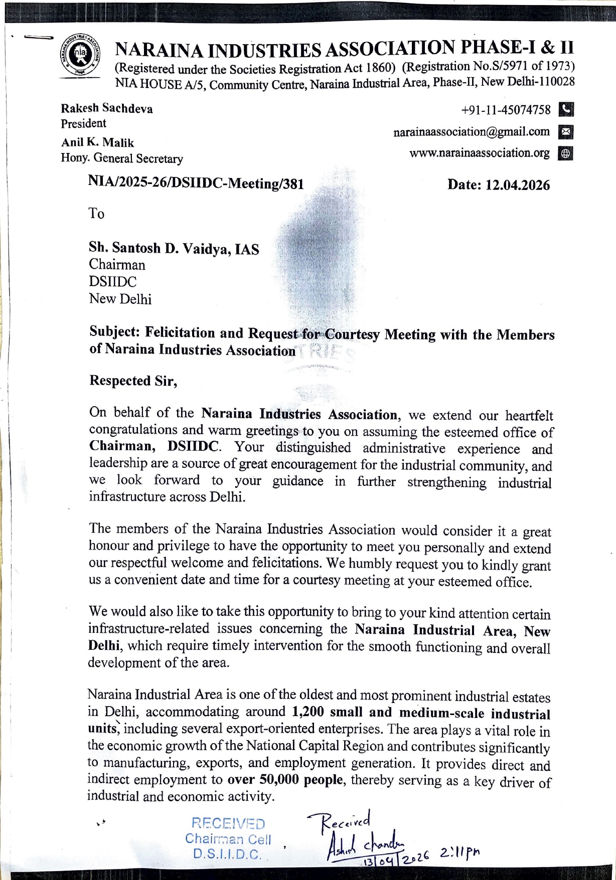 Chairman-DSIIDC-Request for Meeting-12.04.2026