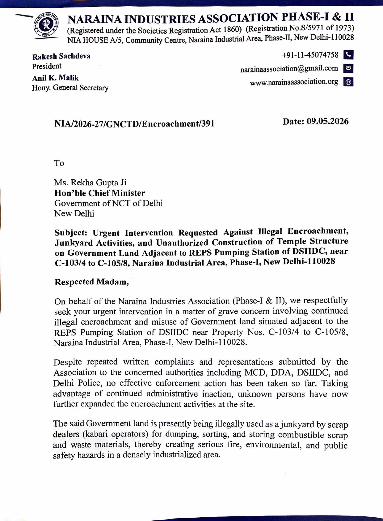 Chief Minister-Intervention Requested against Illegal Encroachme by Junkyard & Unauthorized Construction of Temple Structure-09.05.2026