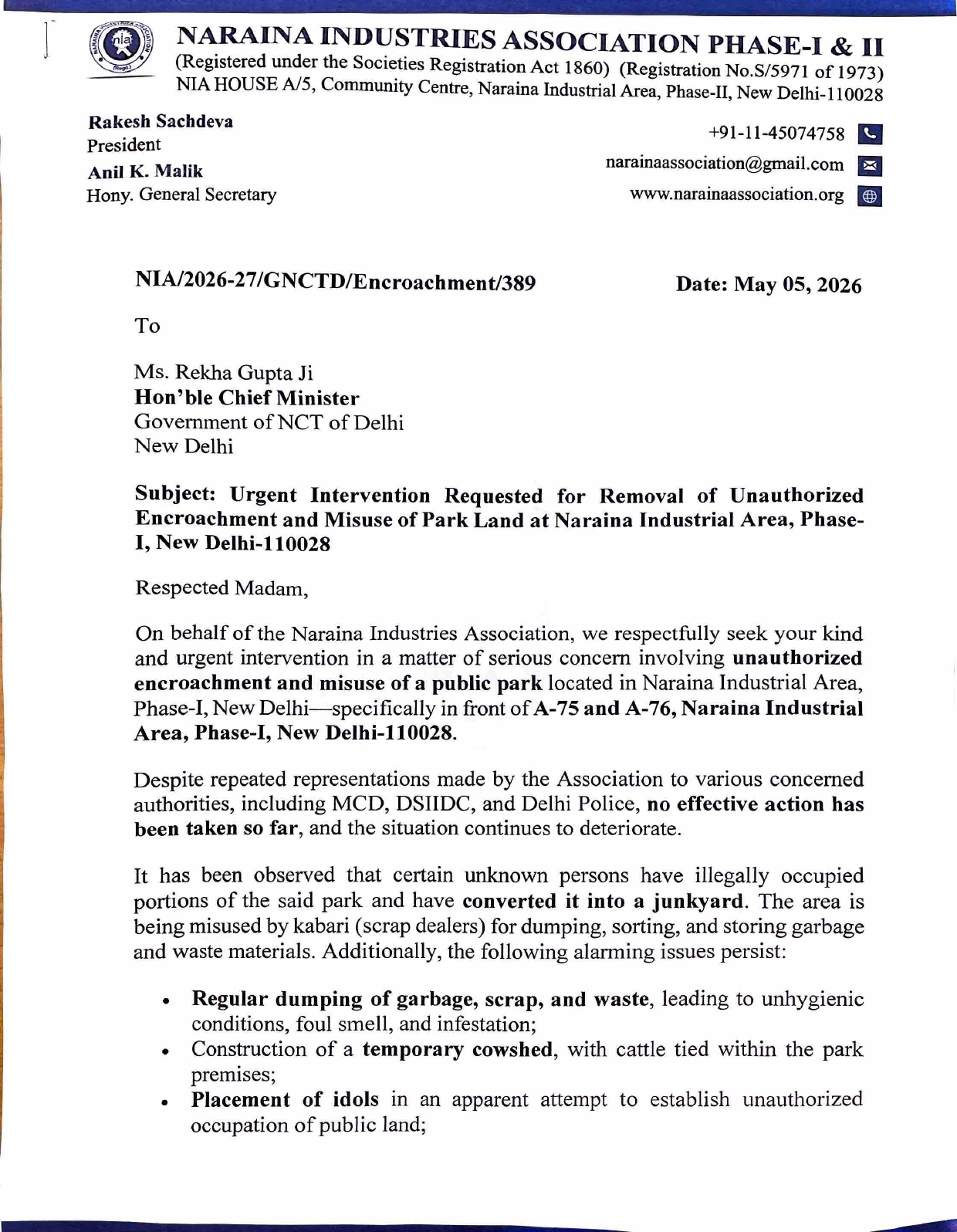 Hon’ble Chief Minister-Intervention Requested for Removal of Unauthorized Encroachment & Misuse of Park Land-05.05.2026